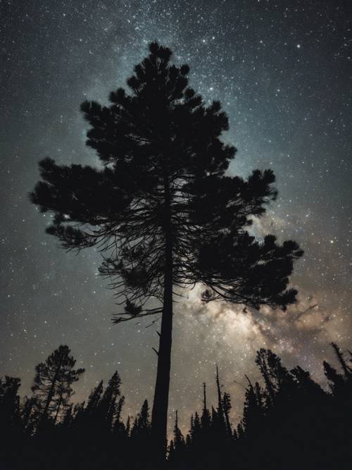 Scatto astrofotografico di un pino che si staglia contro un cielo stellato