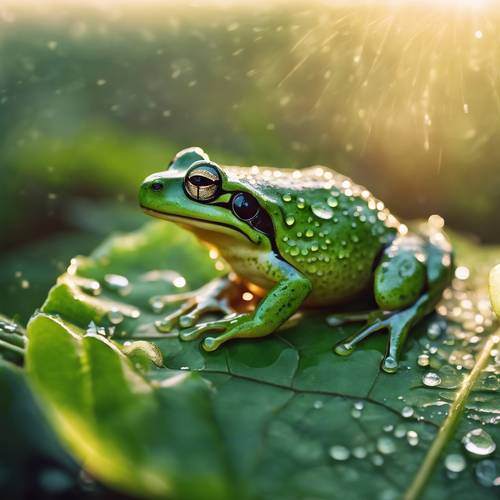 Una rana verde su una foglia rugiadosa sotto la prima luce dell&#39;alba.