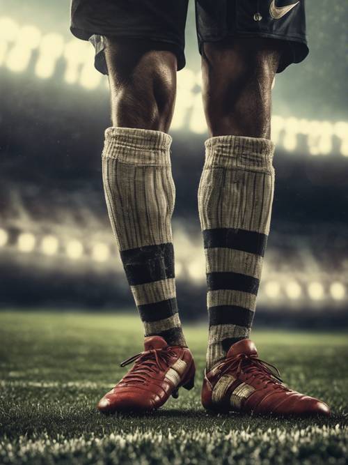 Uma visão aproximada das chuteiras sujas e das meias listradas de um jogador de futebol