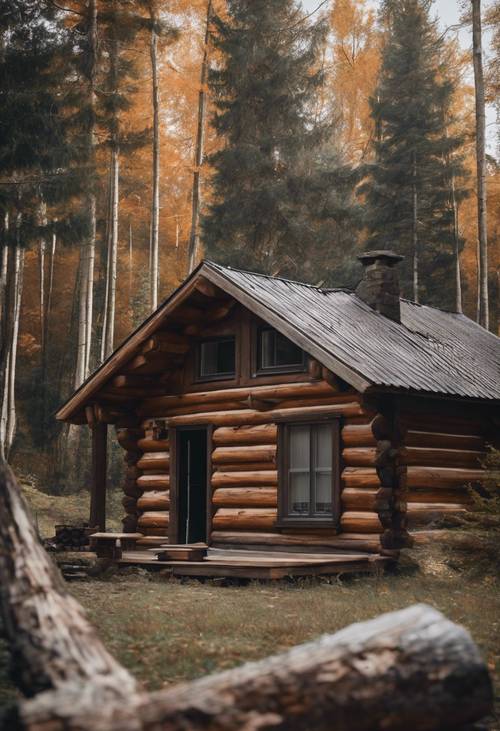 Uma cabana rústica marrom e cinza na floresta.