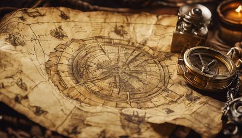 A roll of old, yellow parchment with a treasure map on a pirate ship with a compass