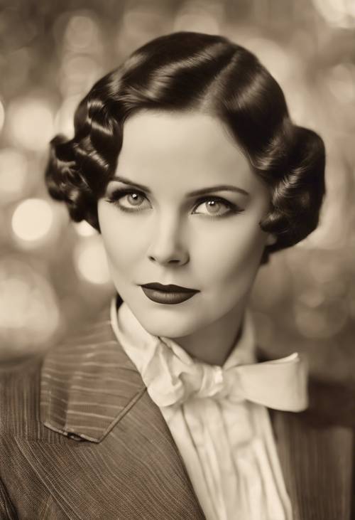 Портрет звезды немого кино в оттенках сепии с выразительными глазами и элегантным костюмом.