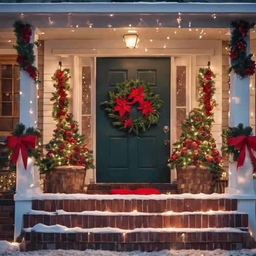 Un porche delantero decorado de forma creativa, que da la bienvenida a familiares y amigos para Navidad con una gran cantidad de flores de Pascua, guirnaldas y una decoración navideña vibrante.