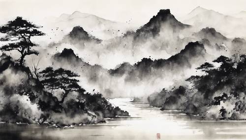 Pintura em tinta Zen japonesa preta de uma paisagem montanhosa.