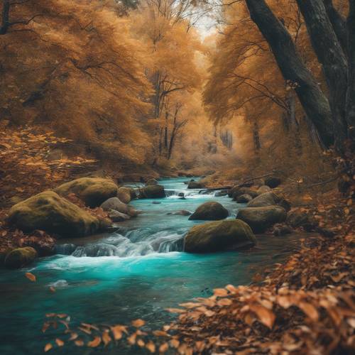 A turquoise stream flowing serenely through a vibrant autumn forest.