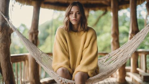 Seorang gadis mengenakan sweter besar berwarna kuning pastel, duduk di tempat tidur gantung di rumah pohon kawaii miliknya.
