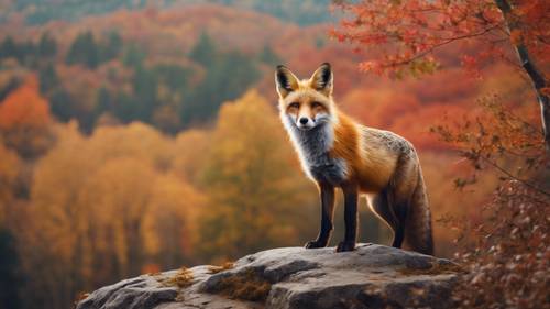 A magnificent red fox standing on a rocky outcrop overlooking a vast expanse of forest drowning in the swirl of autumn colors.