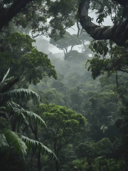 Une vue spectaculaire de la canopée de la forêt tropicale au moment où une tempête tropicale s&#39;installe.