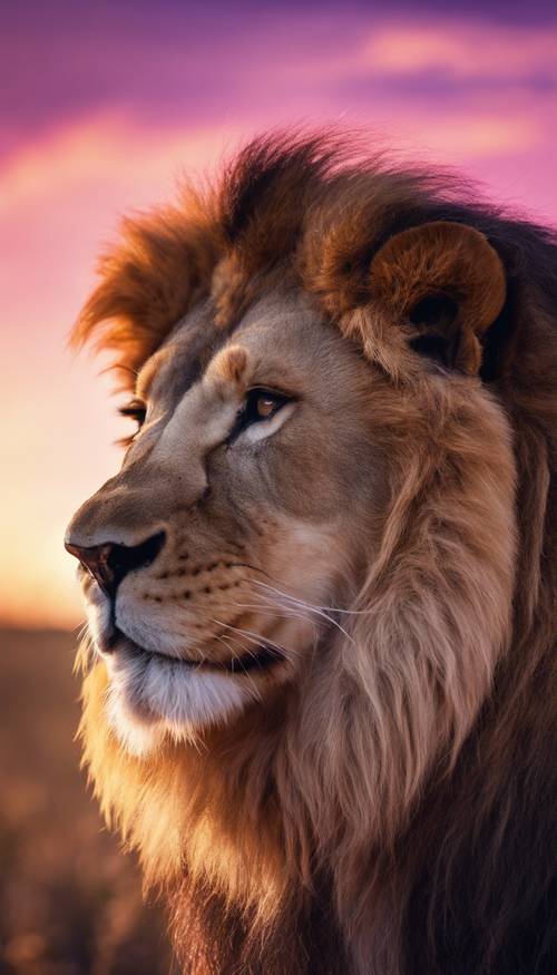 Un lion royal avec une majestueuse crinière violette se tenant sur fond de coucher de soleil.