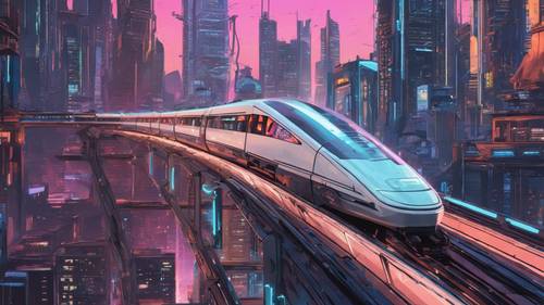 Um elegante trem cyber-punk branco acelerando pelo horizonte flutuante de uma cidade