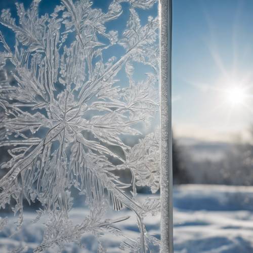 A close-up of intricate frost patterns on a windowpane, against a blurry background of a snowy landscape.