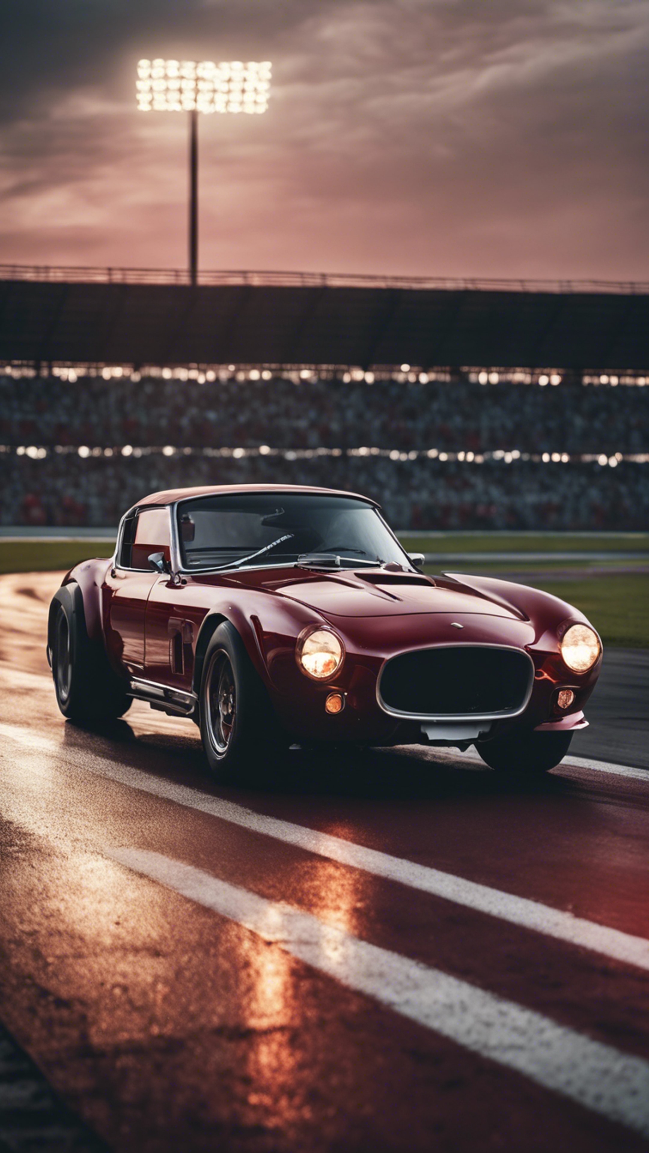 A richly toned dark red sports car racing on a track under the evening sky. Tapeta[f7c86e5103c94fca80ae]