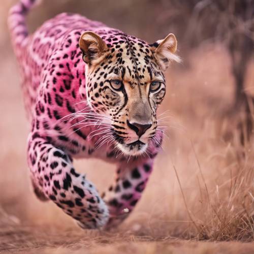 一隻粉紅色的豹子，動作模糊，在稀樹草原上猛烈地奔跑。