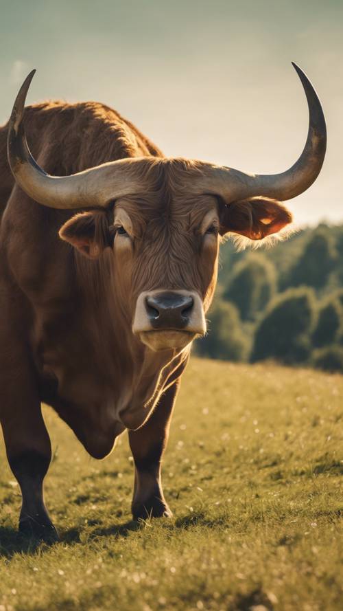 Un toro Toro potente e orgoglioso in piedi su una collina erbosa sotto un sole splendente.