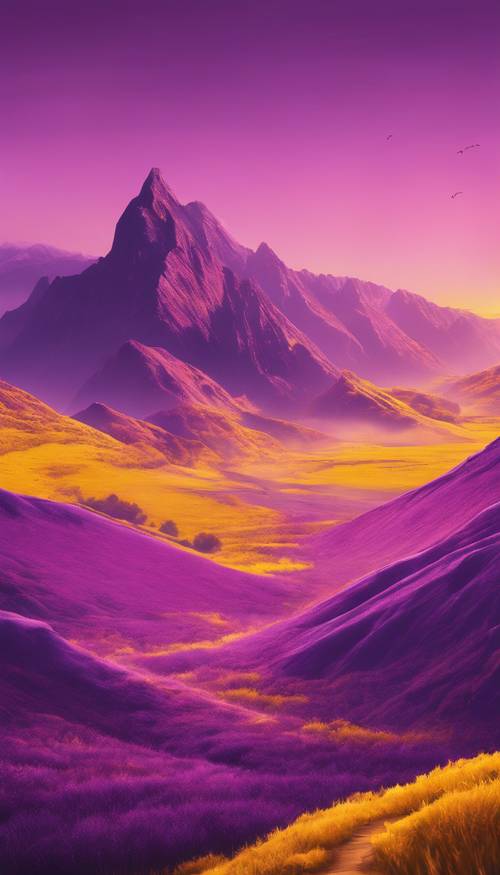 Полуабстрактное изображение фиолетового горного пейзажа на фоне светящегося желтого неба на рассвете.