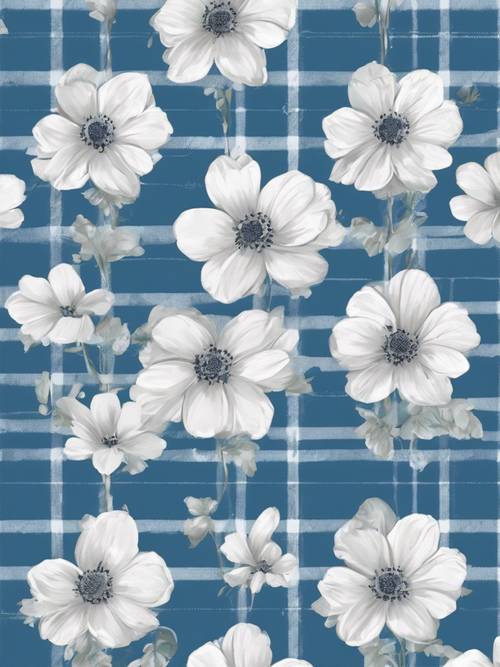 Tło tapety w niebieską kratę wypełnione romantycznymi ilustracjami białych kwiatów.