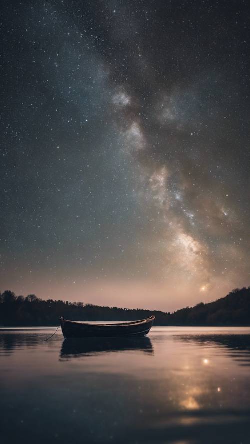 一艘孤独的小船在迷人的星空下平静的水面上漂浮。