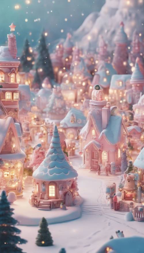 A kawaii-inspired version of Santa's North Pole village with a pastel color scheme and cute chubby elves.