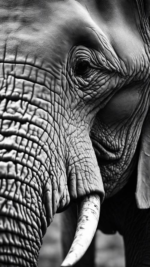 Una imagen de primer plano de la piel gris y rugosa de un elefante en escala de grises.