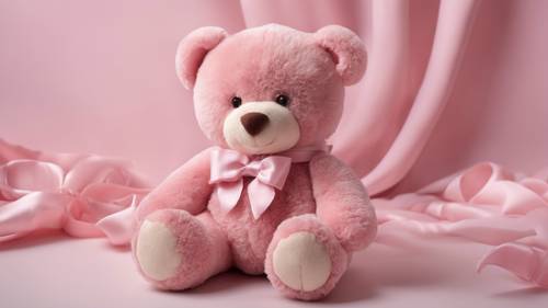 An adorable plush teddy in baby pink, with a soft velvety bow around its neck.