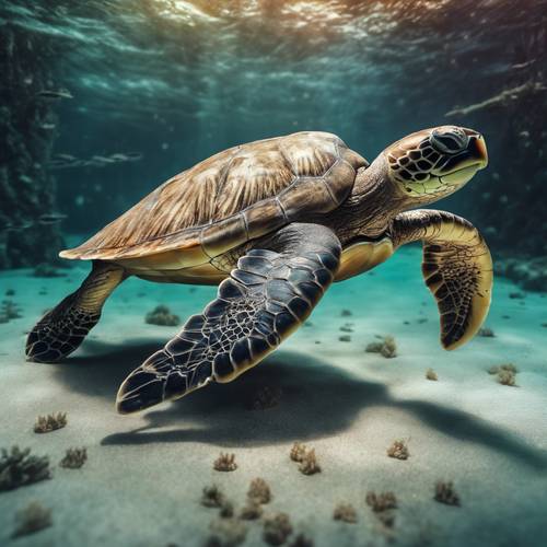 Un paesaggio sottomarino, una tartaruga marina che scompare in un grande relitto affondato.