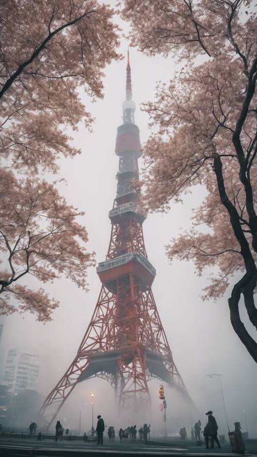 Torre de Tóquio envolta em névoa espessa, mas brilhante.