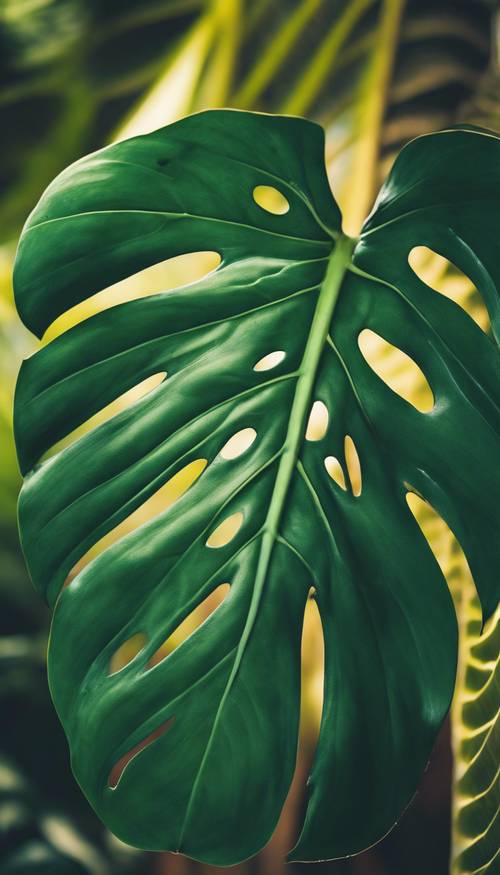 Một chiếc lá monstera deliciosa có thân hình tươi tốt với những đường xẻ và lỗ độc đáo, trên nền là những loài thực vật nhiệt đới rực rỡ.