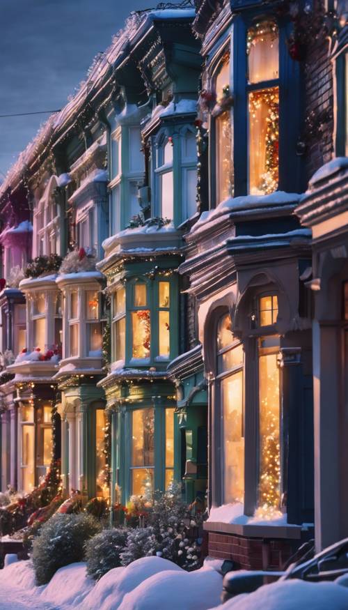 Une rangée de maisons mitoyennes victoriennes colorées aux fenêtres givrées, chaque jardin de devant bénéficiant d&#39;une exposition individuelle de lumières de Noël inondant la rue enneigée d&#39;une lumière chaleureuse.