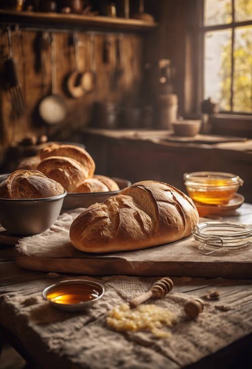 Sıcak bir şekilde aydınlatılmış kır evi mutfağında taze pişmiş ekmek ve bal içeren rustik bir ahşap masa.