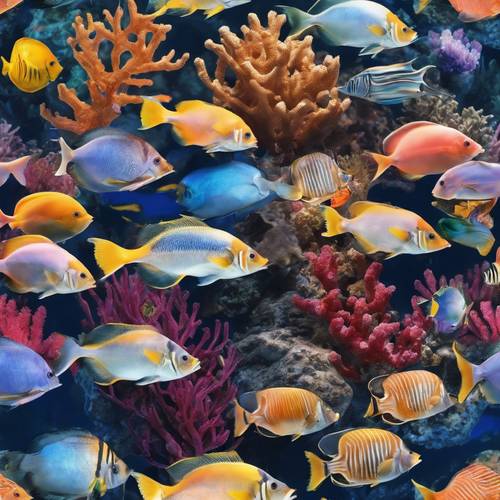Eine Unterwasserwelt voller bunter Fische und Korallen in Aquarellästhetik.