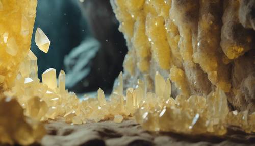 神秘的な洞窟の壁に成長するパステルイエローの結晶