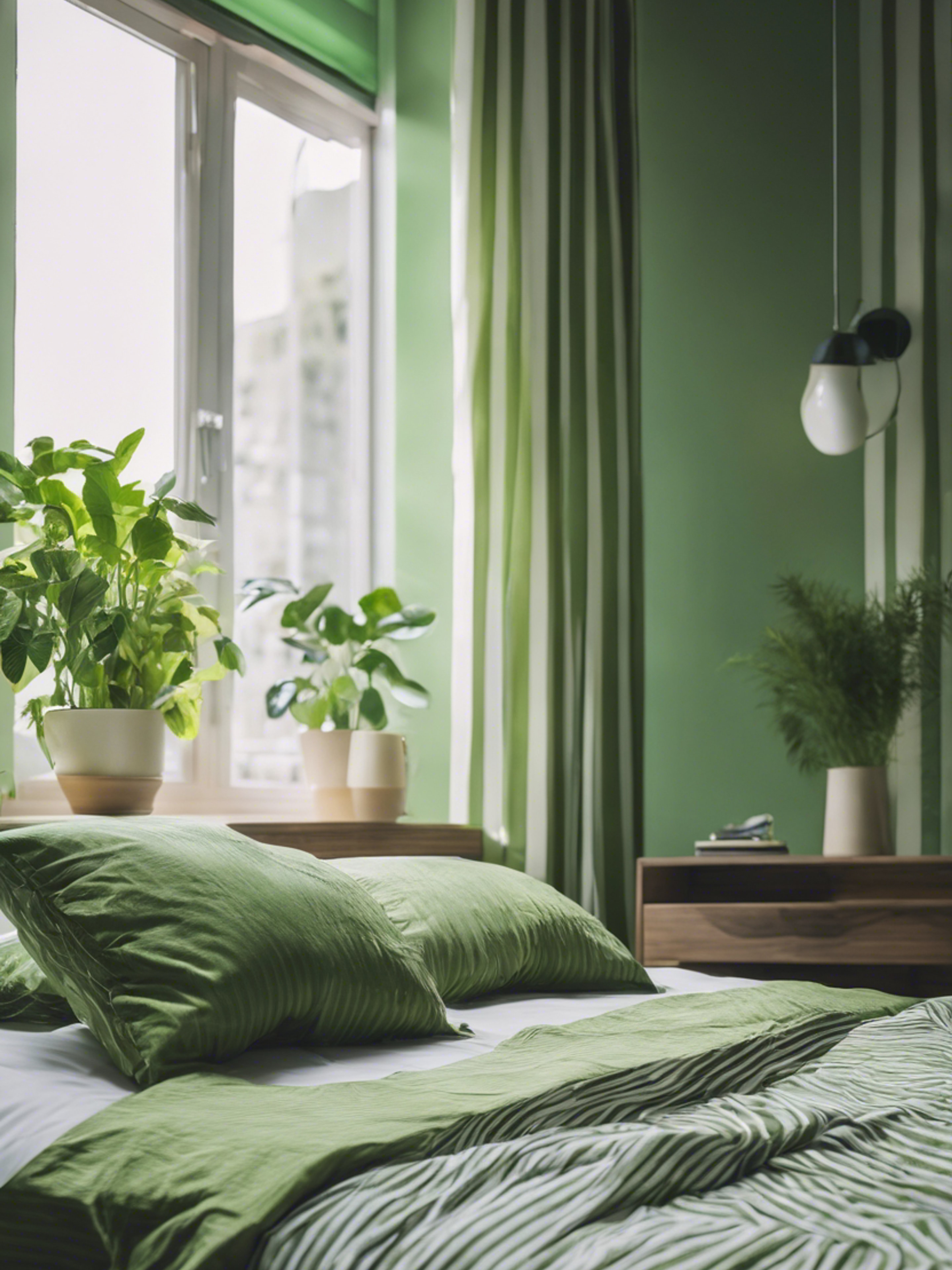 An understated, modern bedroom with green-striped bedding. Wallpaper[d7e250bcf8a14b46bace]