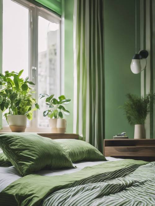 An understated, modern bedroom with green-striped bedding.
