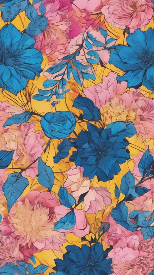 An intricate floral pattern inspired by modern art, using bold and vibrant shades of blue, pink and yellow.