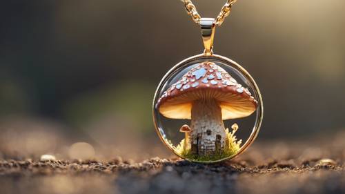 An intricately designed cute mushroom as a pendant on a gold chain, radiating sparkle and luxury.