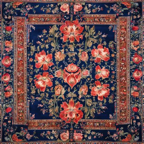 Un tappeto persiano con motivo dominato dai tradizionali tulipani e rose su un campo blu navy vivace e vivace.