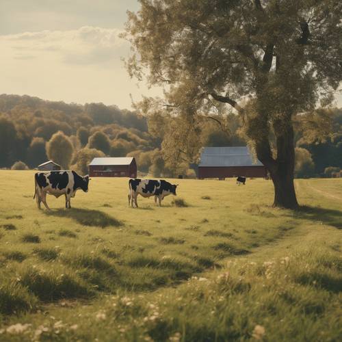 Una pintura rústica de una granja serena con vacas pastando en el pasto.