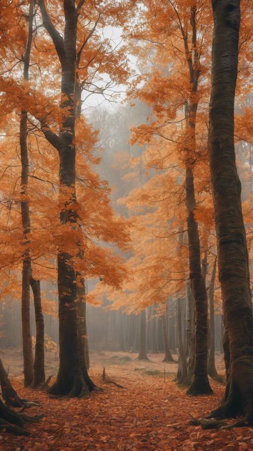 秋天的森林景色令人賞心悅目，地面上覆蓋著橘色的樹葉。
