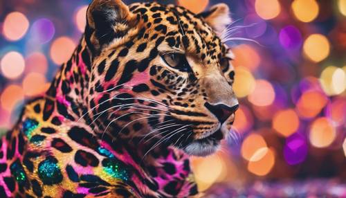 Uma festiva estampa de leopardo multicolorida, brilhando com glitter.