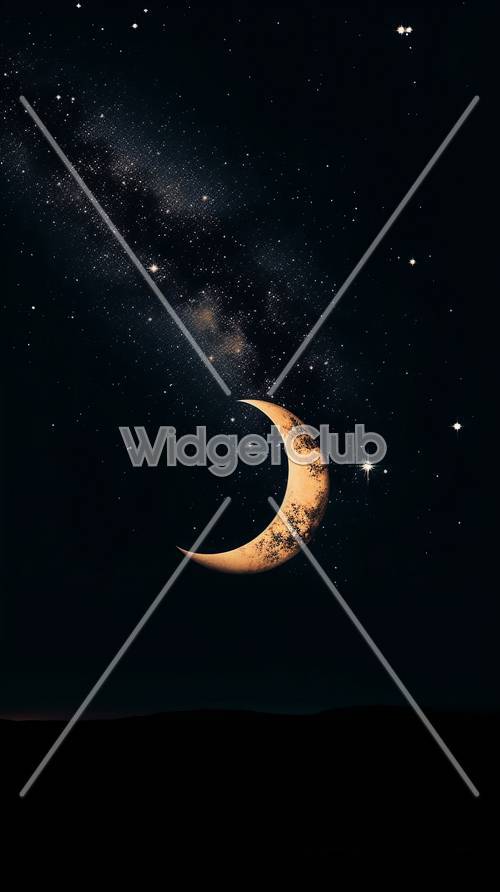 Golden Crescent Moon in a Starry Night Sky