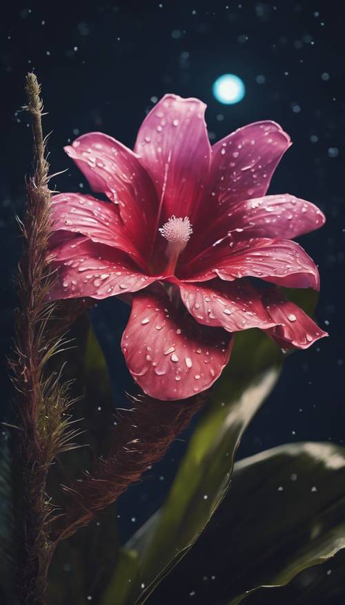 一种稀有的热带花朵在月光下夜间盛开的图像。