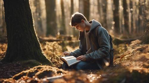 Um adolescente lendo uma Bíblia em uma floresta tranquila, banhado pela suave luz da manhã.
