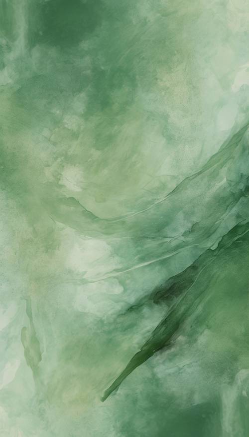 Une peinture abstraite sereine vert sauge représentant le calme de la nature.