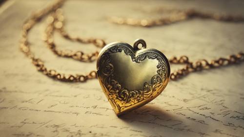 An antique, gold locket shaped like a heart, resting on aged yellow parchment. Tapet [d9f946ee97df4859bf8e]