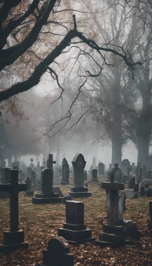 Opuszczony cmentarz gotycki spowity gęstą poranną mgłą.