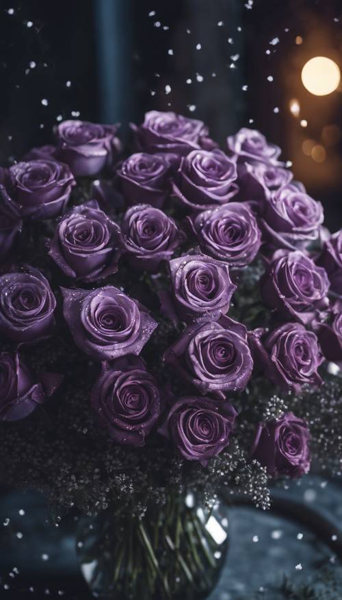 A bouquet of dark violet roses amidst baby's breath in moonlight. Tapet [8b1e52cf1b884033be10]