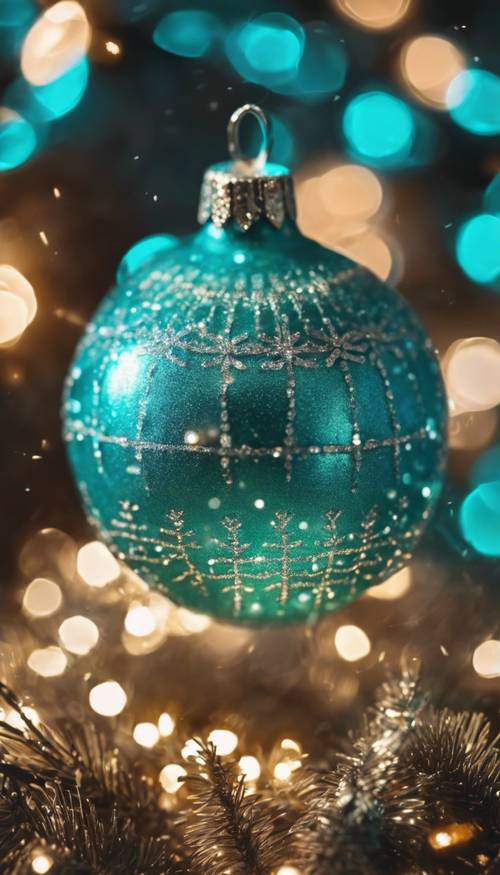A turquoise glittering Christmas ornament sparkling under the warm holiday lights.
