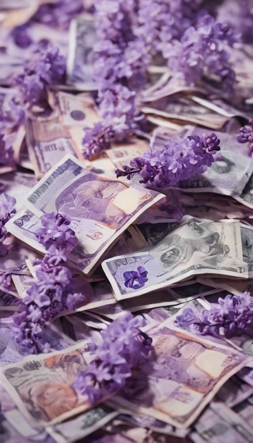 Banconote immaginarie con sfumature di lavanda, lillà e viola.