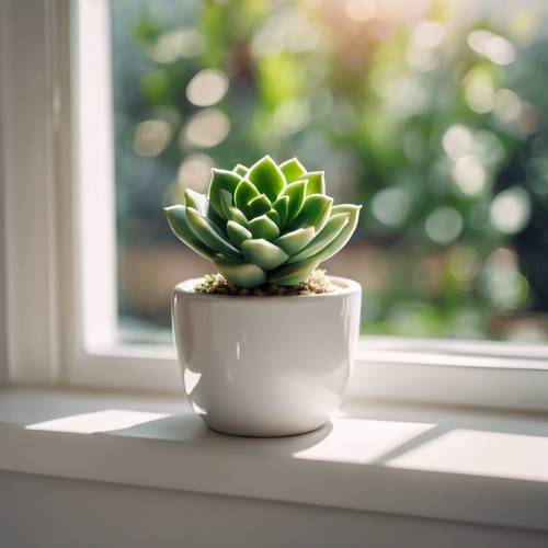 Tanaman sukulen hijau yang lucu dalam pot keramik putih, ditempatkan di sisi jendela dapur yang diterangi matahari menghadap ke taman musim panas yang semarak.