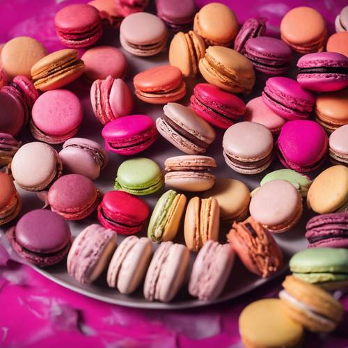 A plate of artisanal French macarons, each one displaying a different shade of hot pink ombre.